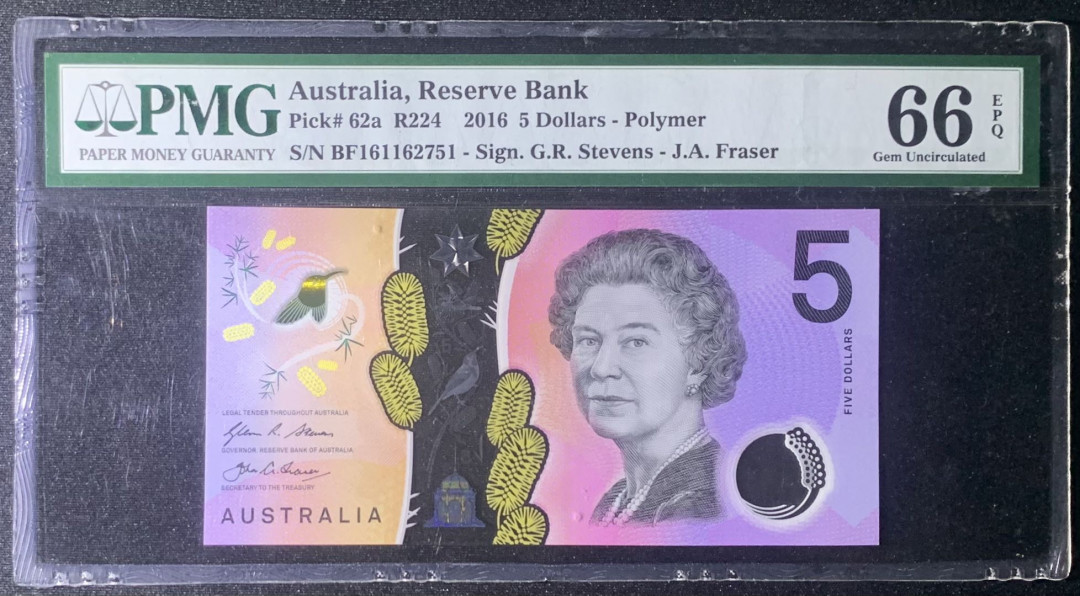紫瑗钱币—微拍第131期—纸币场 澳大利亚 2016年 5澳元 PMG 66 EPQ （P-62a）