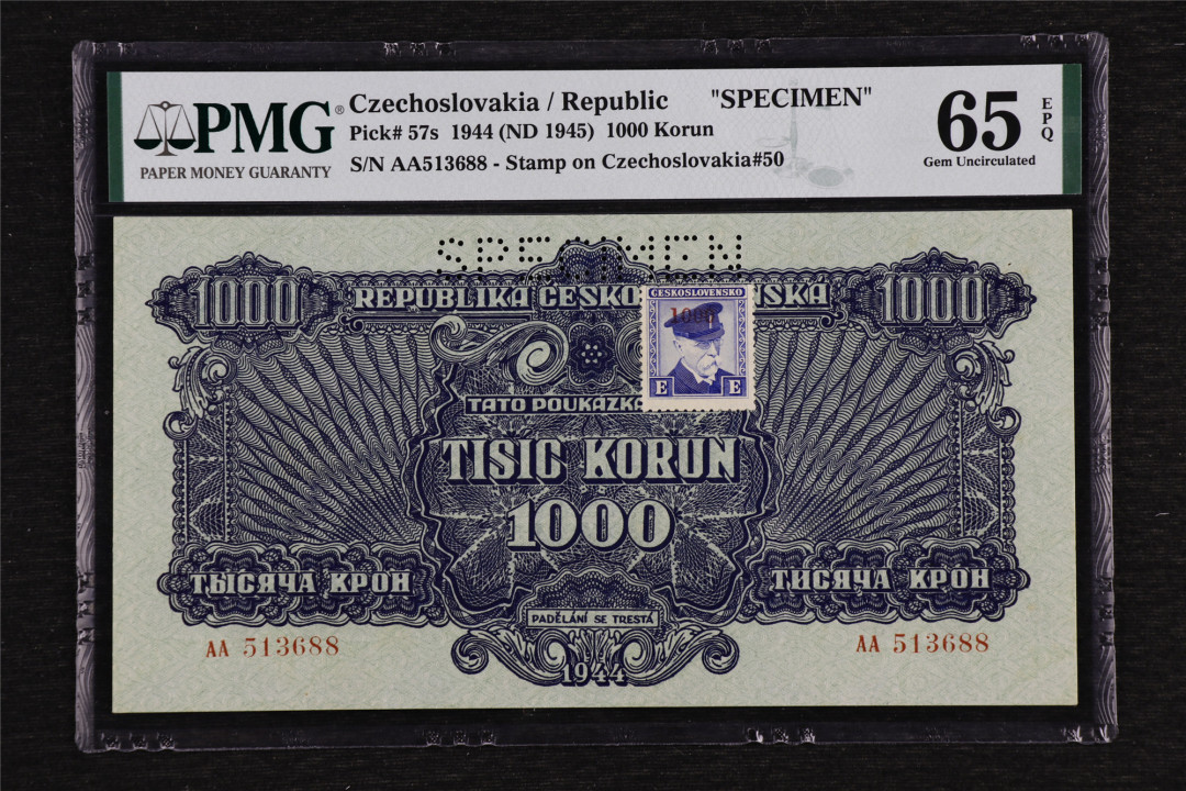 亘邦收藏第42期 1944年 捷克斯洛伐克 票样 1000克朗 PMG 65EPQ AA513688