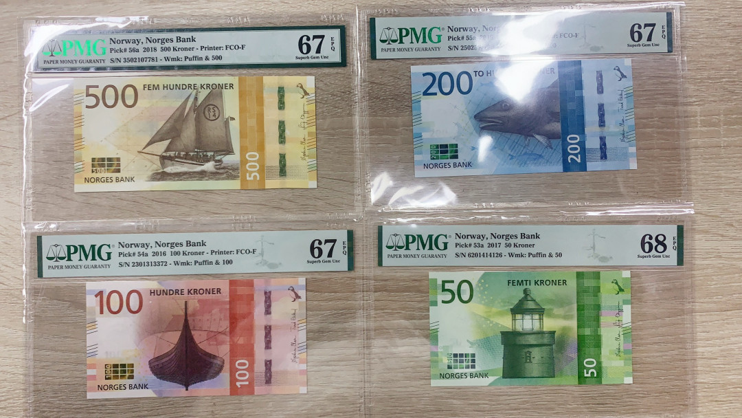 《张总收藏》第九期——塑料旋风 (4张一组)挪威克朗小套PMG67&PMG68