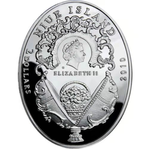 【币观天下】第135场钱币拍卖 纽埃2010年2元，56.56克 皇家费伯奇彩蛋系列---“王冠加冕礼”，异形(椭圆形) 精制纪念银币