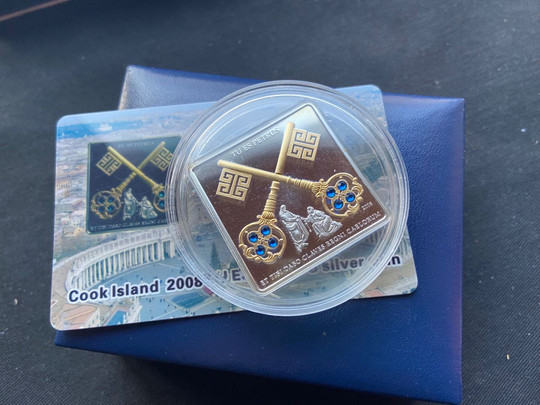 【币观天下】第135场钱币拍卖 库克2008年梵蒂冈宗教系列天国之匙方型镶嵌水晶银币