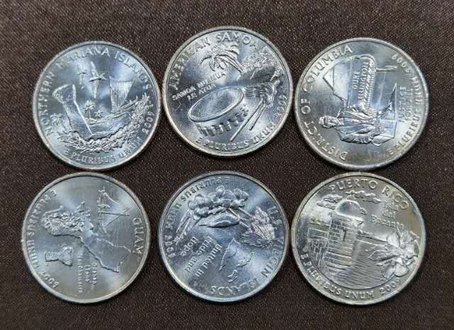北京马甸外币专卖微拍第三十七期，流通币，非贵金属纪念币专场，陆续上新，欢迎关注 美国海外省25美分纪念币6枚/套，品相如图