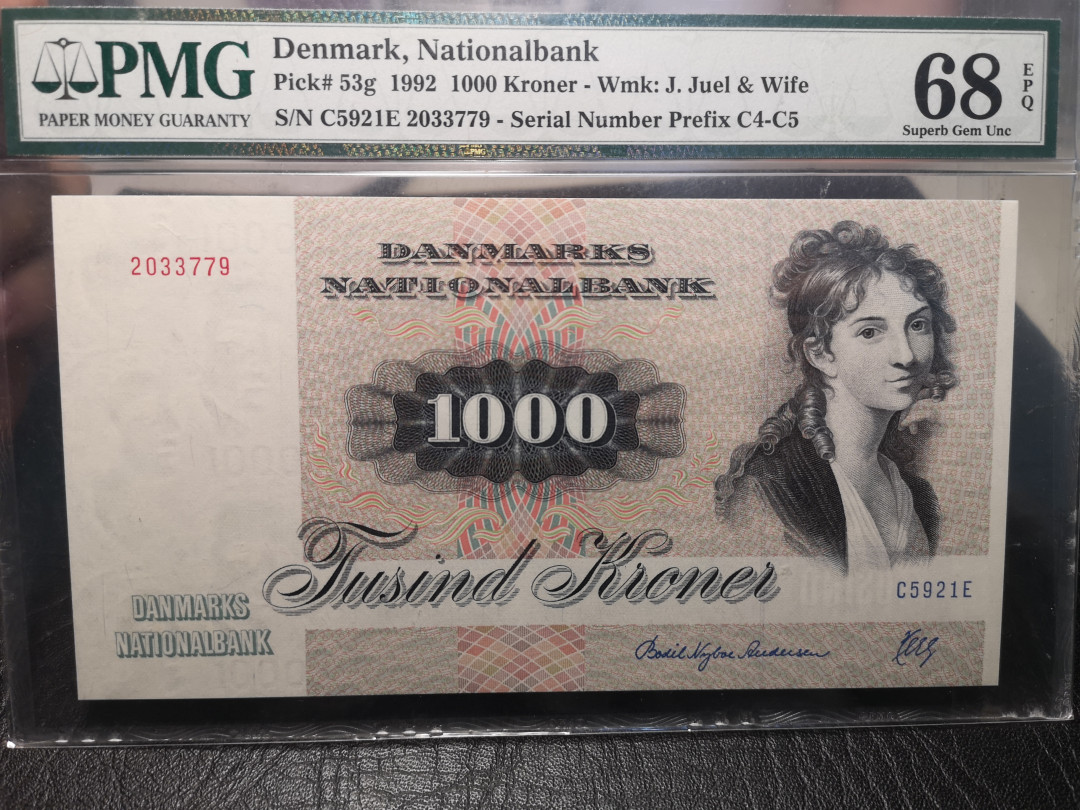《外钞收藏家》2021年第一拍（96期） 1992年丹麦1000克朗  大松鼠  PMG68 超高分