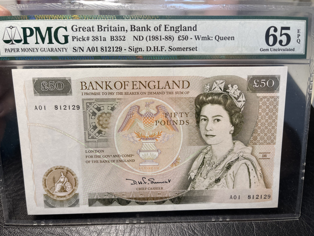 《外钞收藏家》2021年第一拍（96期） 英国D序列1981年初版50镑  A01首发 PMG65