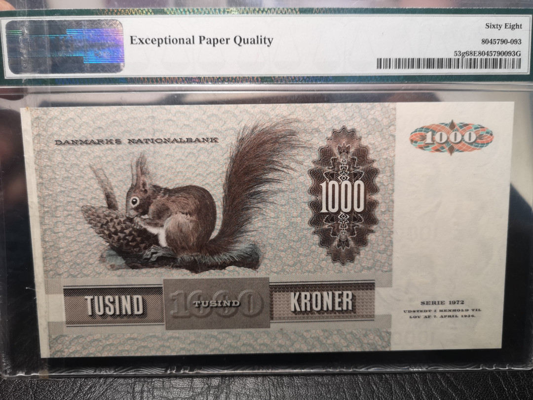 《外钞收藏家》2021年第一拍（96期） 1992年丹麦1000克朗  大松鼠  PMG68 超高分