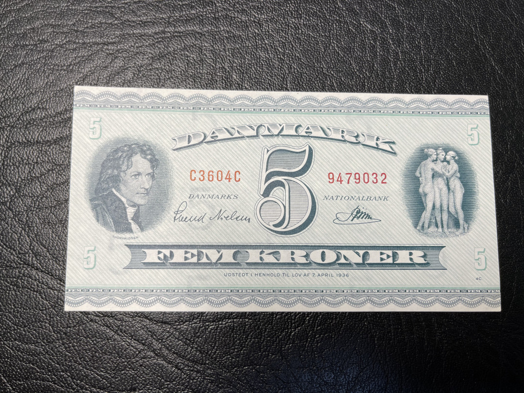 《外钞收藏家》2021年第一拍（96期） 丹麦1936年5克朗 全新unc