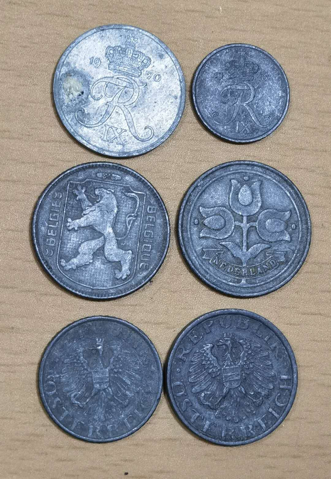 北京马甸外币专卖微拍第三十七期，流通币，非贵金属纪念币专场，陆续上新，欢迎关注 散币：丹麦2枚，奥地利2枚，荷兰，比利时各1枚，均为铅锌币，品相如图