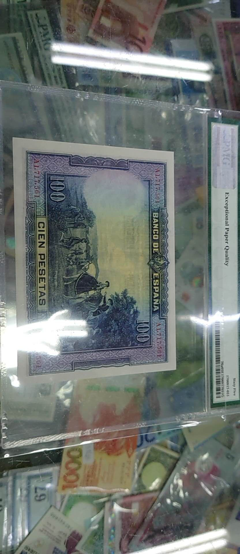 【囧羊收藏】精选微拍第11期~2021年第二期世界钱币精选 1928年西班牙100比塞塔 PMG65E全新绝品无4号码