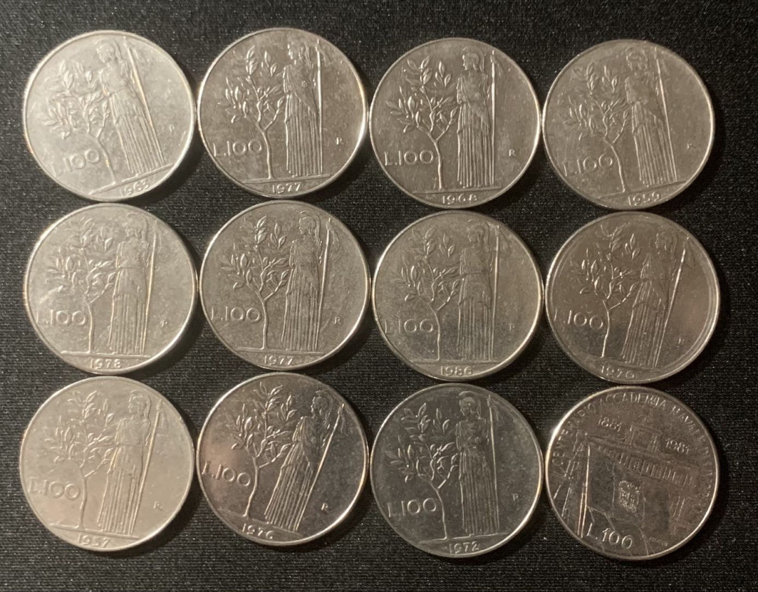 紫瑗钱币—微拍第127期  意大利 欧元前 流通硬币 100里拉 1枚纪念币 12枚一组