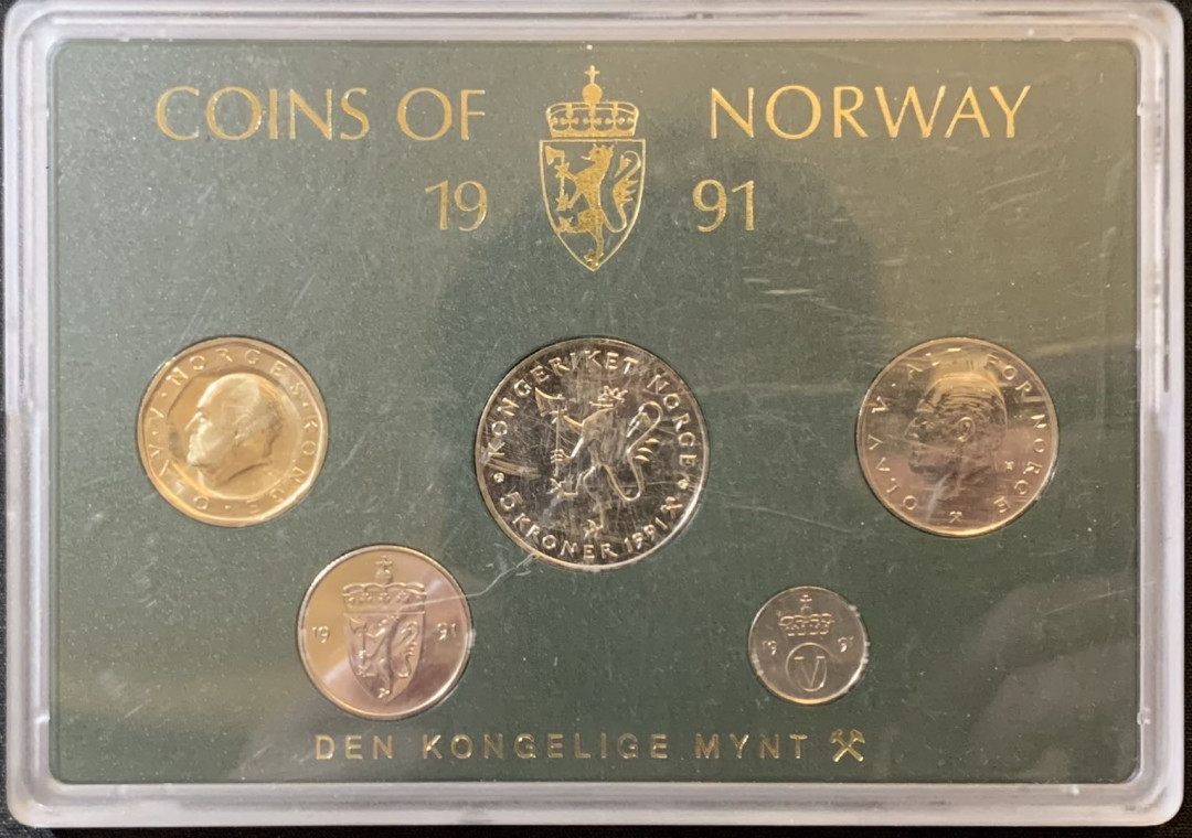 紫瑗钱币—微拍第127期  挪威 1991年 10欧尔—10克朗 5枚套 原厂盒 带纪念5克朗