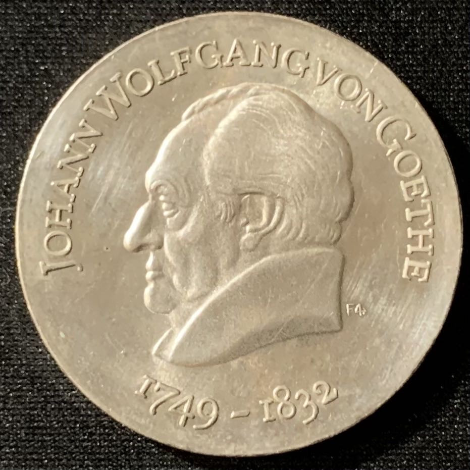 紫瑗钱币—微拍第127期  东德 1969年 诗人歌德诞辰220周年 20马克 20.9克 0.625银