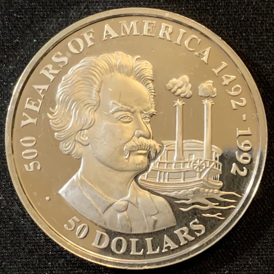 紫瑗钱币—微拍第127期  库克群岛 1990年 发现美洲500周年系列 塞缪尔·克莱门斯 50元 31.35克 0.925银 精制 