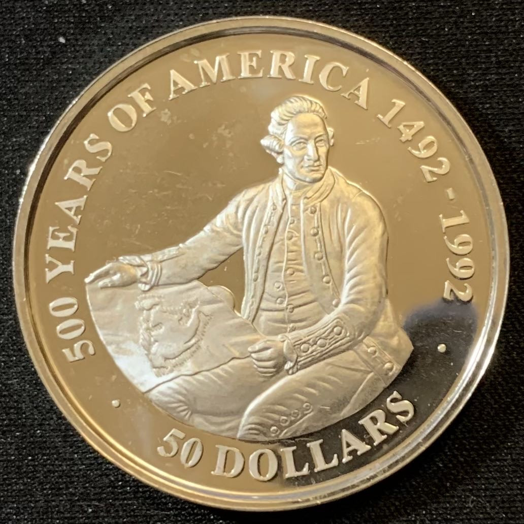 紫瑗钱币—微拍第133期  库克群岛 1991年 发现美洲500周年系列 贾米亚斯·库克上尉 50元 31.35克 0.925银 精制 