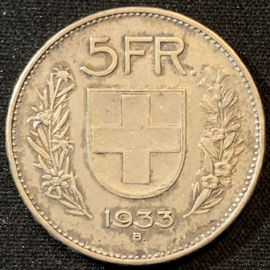 紫瑗钱币—微拍第133期  瑞士 1933年 威廉 泰尔 5法郎 15克 0.835银