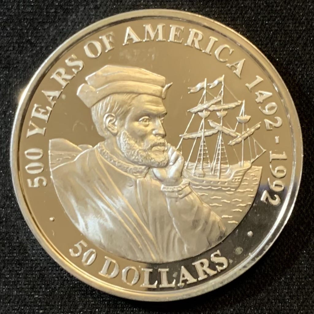 紫瑗钱币—微拍第127期  库克群岛 1990年 发现美洲500周年系列 雅克卡地亚 50元 31.35克 0.925银 精制 