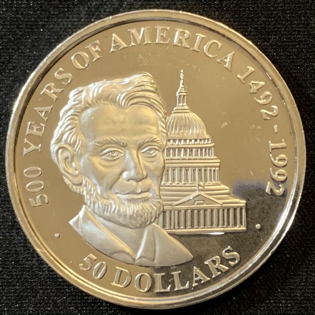 紫瑗钱币—微拍第136期  库克群岛 1990年 发现美洲500周年系列 亚伯拉罕 林肯 50元 31.35克 0.925银 精制 