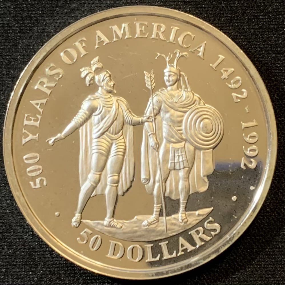 紫瑗钱币—微拍第127期  库克群岛 1990年 发现美洲500周年系列 科尔特斯和蒙特苏马 50元 31.35克 0.925银 精制 