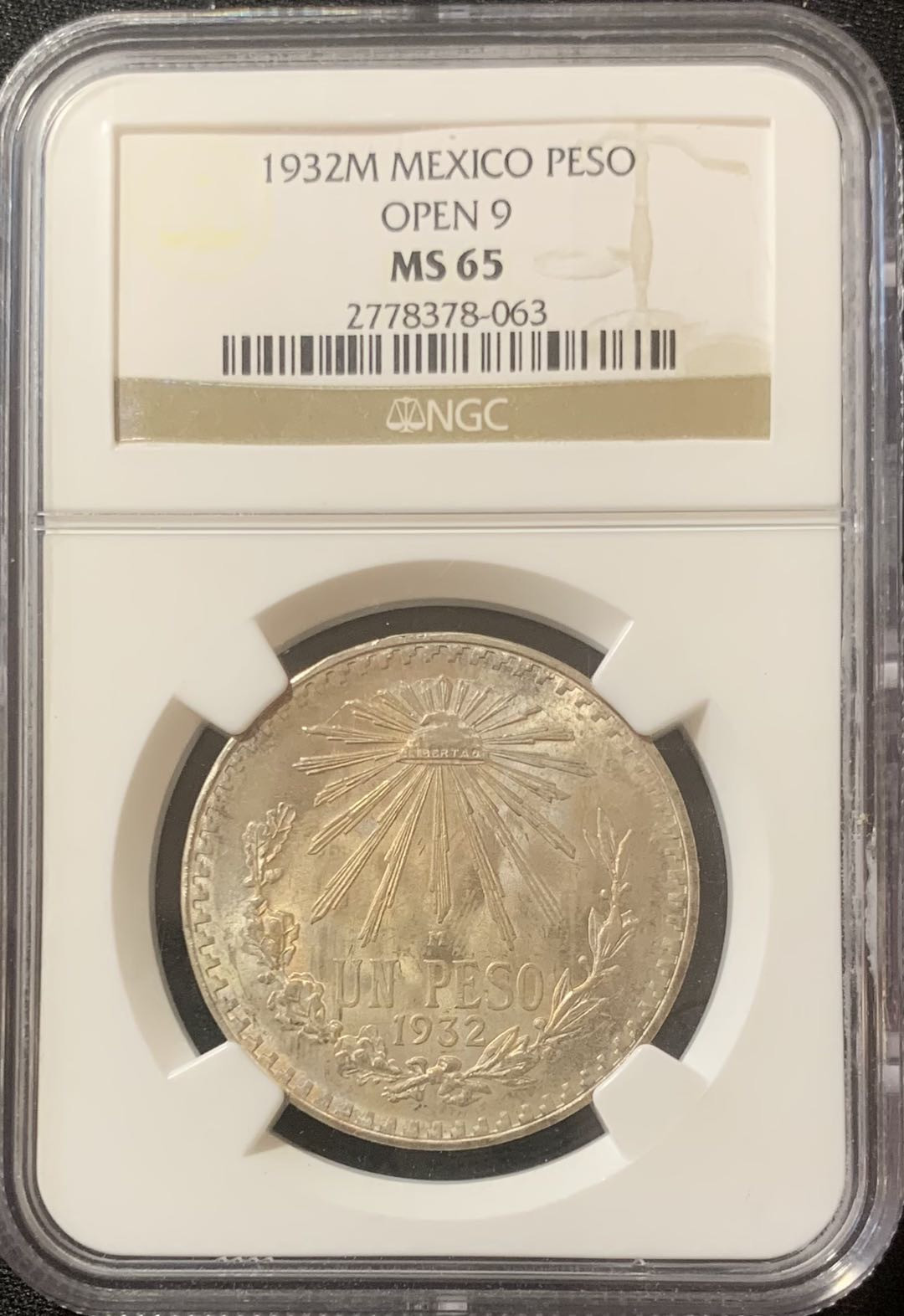 紫瑗钱币—微拍第127期  墨西哥 1932年 开口9 鹰洋 1比索 NGC MS65