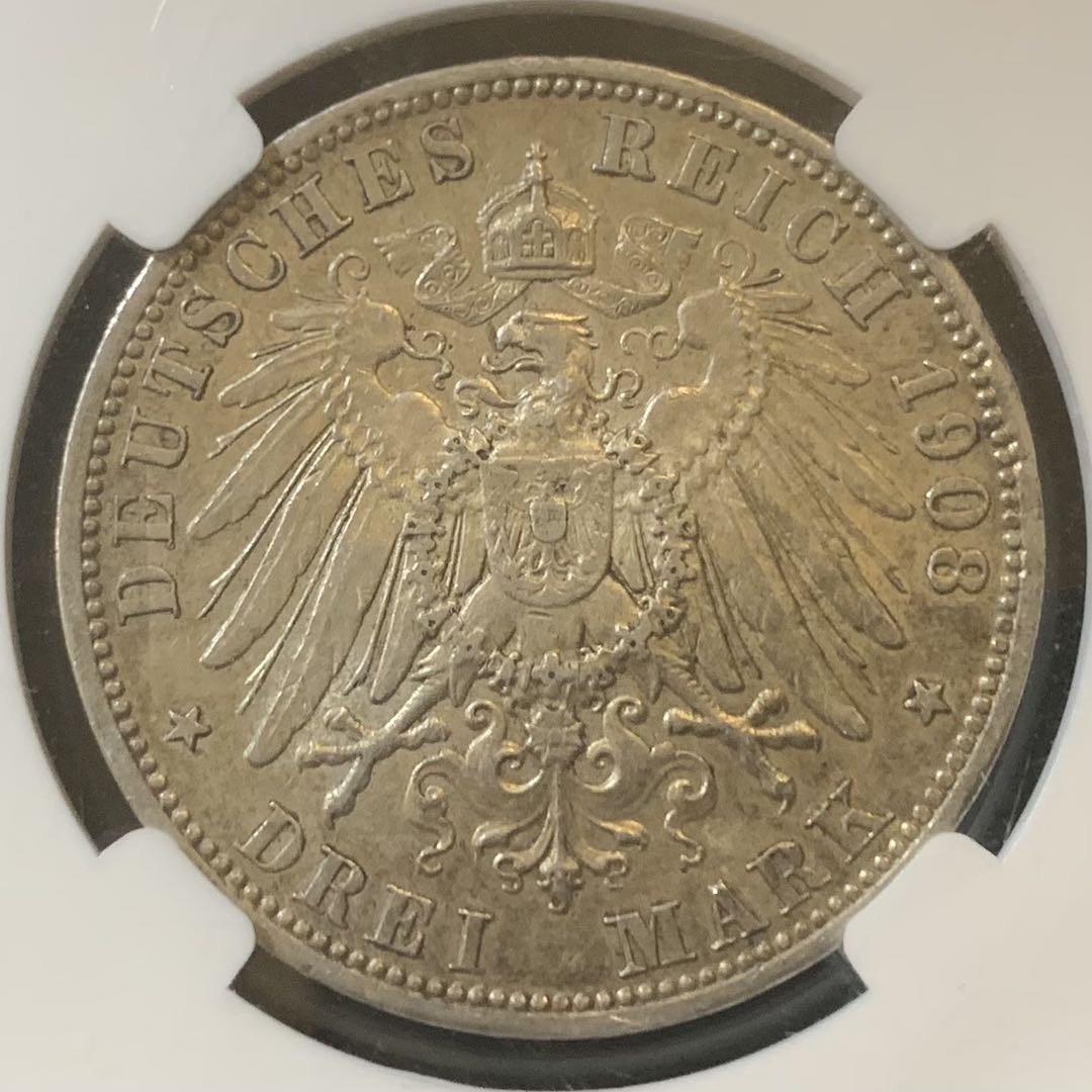 紫瑗钱币—微拍第127期  德国 普鲁士 1908年 威廉二世 3马克 保粹评级 MS61