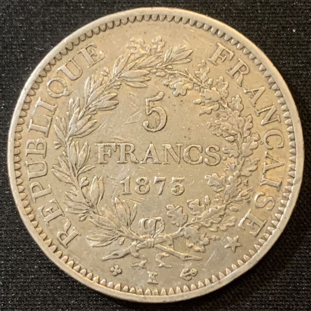 紫瑗钱币—微拍第127期  法国 1873年 K版 大力神 5法郎 25克 0.9银 极美品