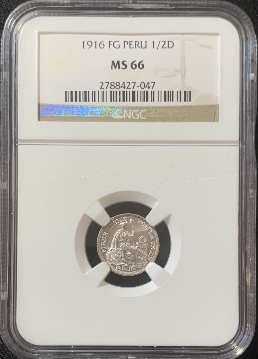 紫瑗钱币—微拍第127期  秘鲁 1916年 坐人 1/2D 银币 NGC MS66