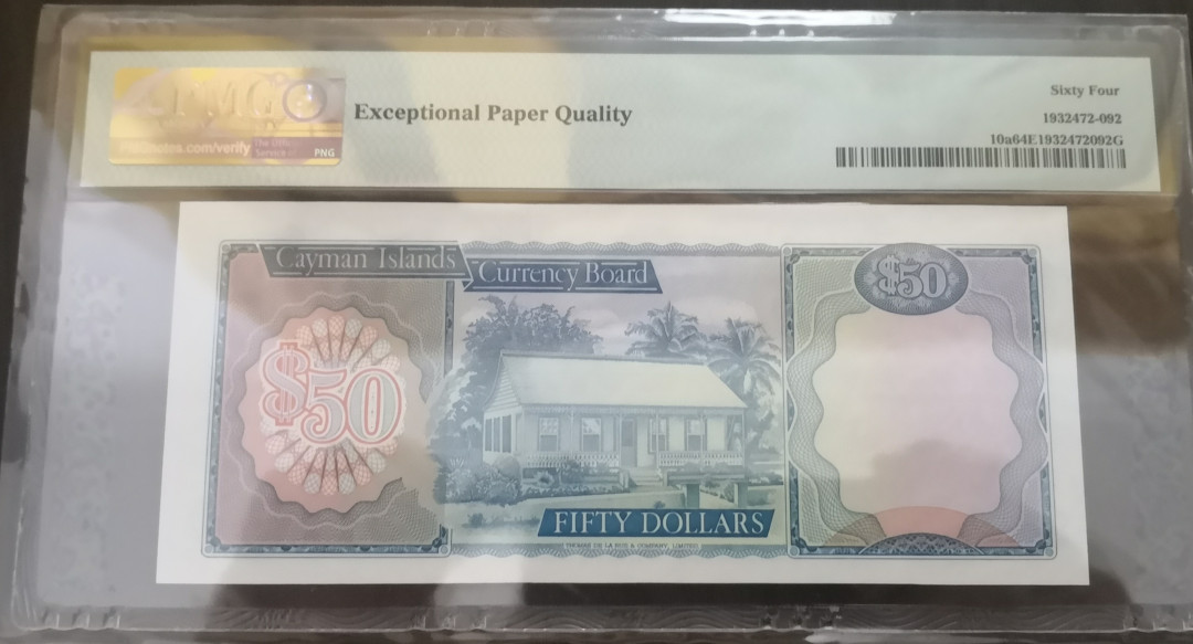 《张总收藏》第十期——十全十美 开曼群岛1974年50镑PMG64E绝品原票，四角尖尖，背面居中有点偏给了这个分数，A1首发冠靓号，非常稀少，错过真就找不到！
