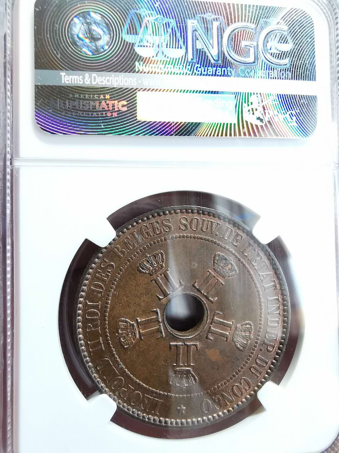凡希社世界钱币微拍第一百四十六期 1888刚果自由邦10分中孔大铜NGC-MS63