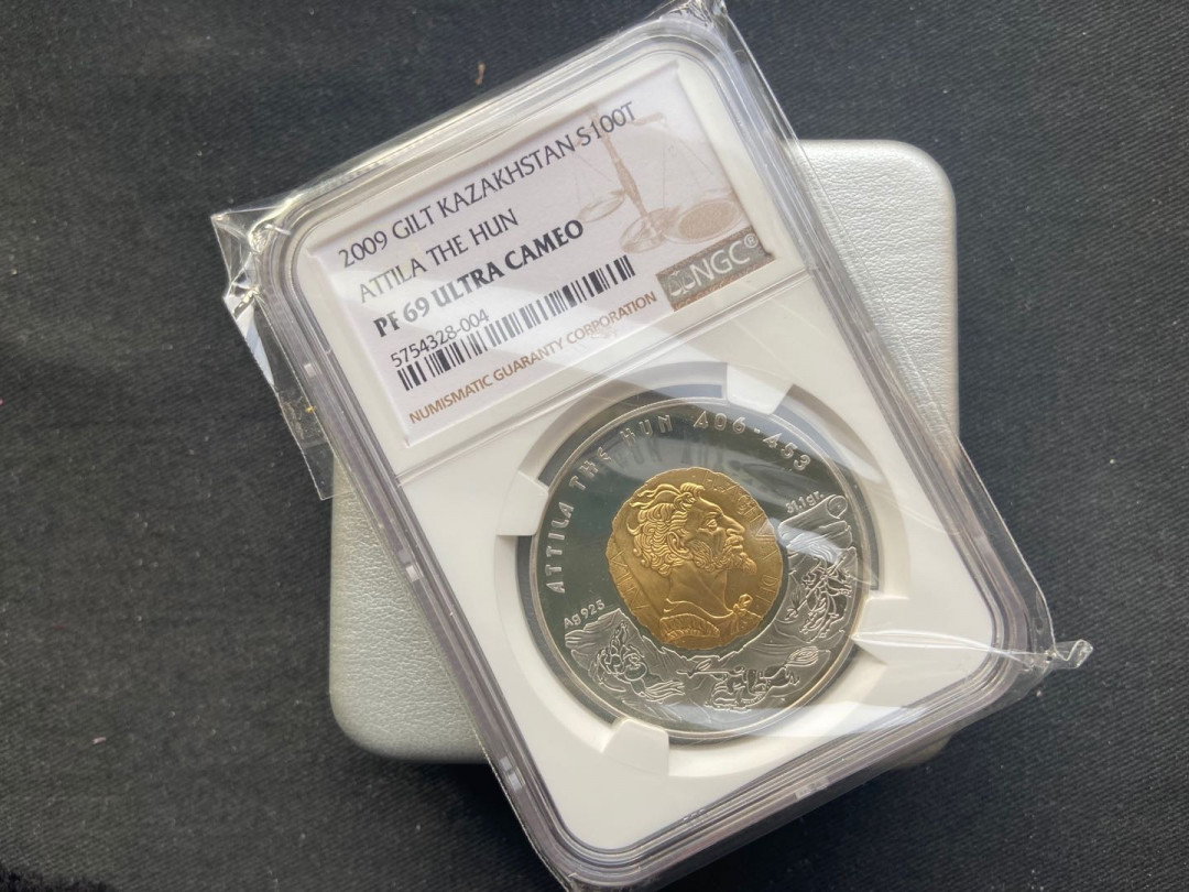 【币观天下】第136期拍卖【直播拍卖】 【哈萨克斯坦】获奖币哈萨克斯坦2009年匈奴王阿提拉 100廷格精制镀金银币
