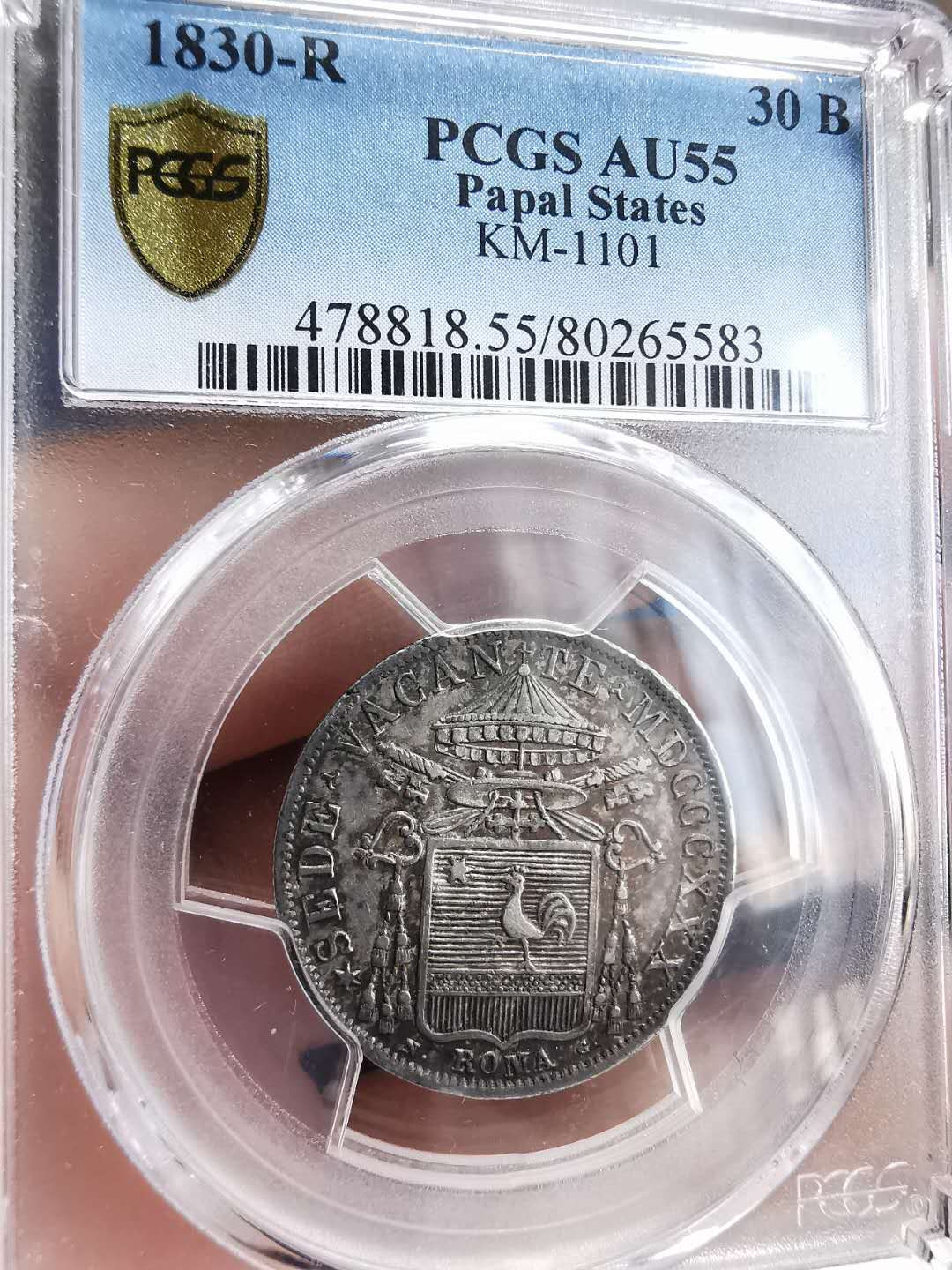 凡希社世界钱币微拍第一百四十六期 稀！1830教皇国缺位30贝阿科PCGS-AU55一年型稀少！