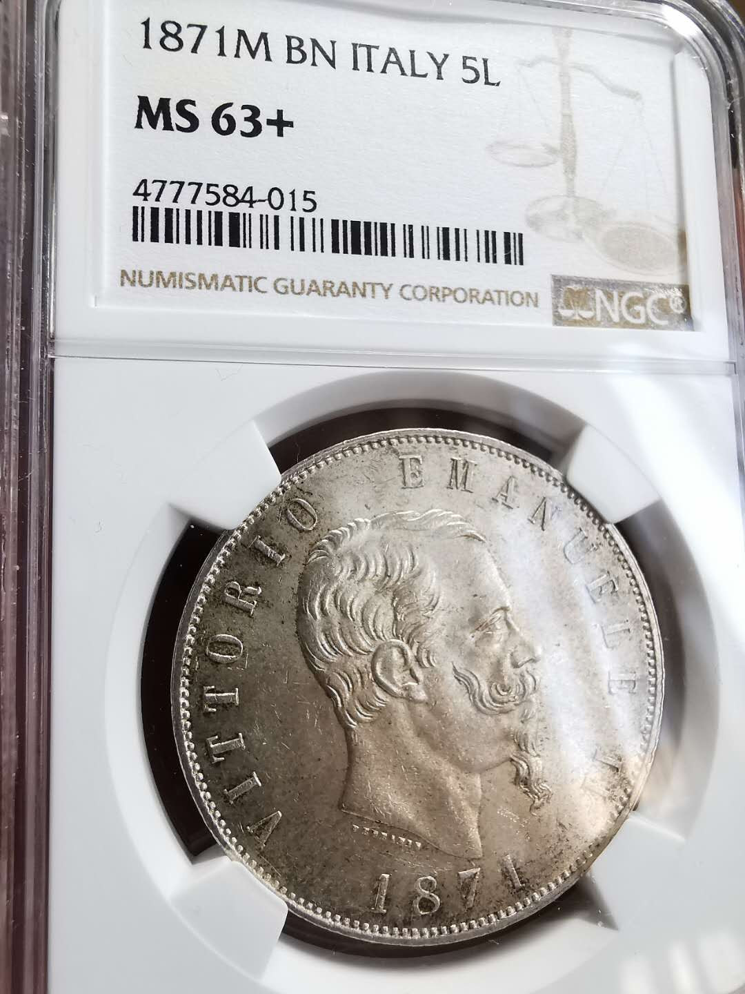 凡希社世界钱币微拍第一百四十六期 1871意大利王国5里拉大银NGC-MS63+收藏级！
