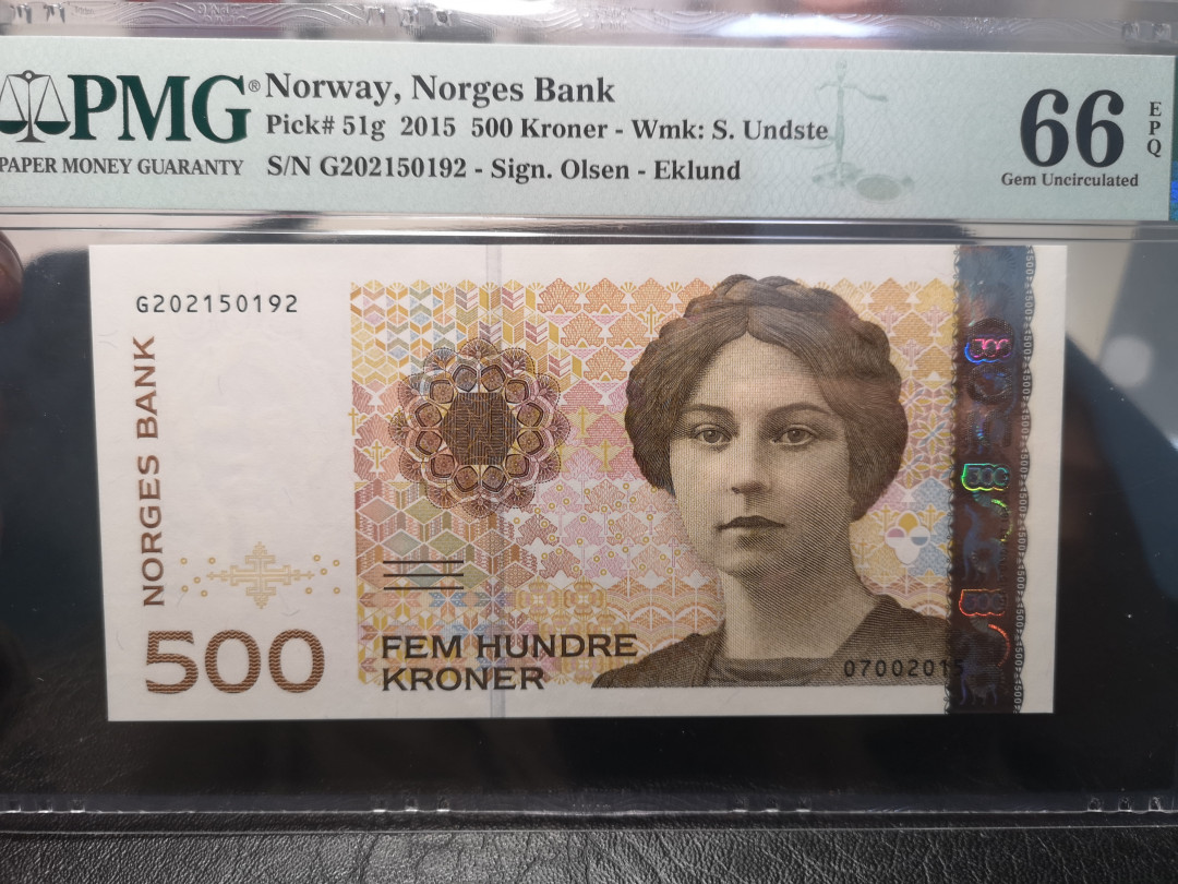 《外钞收藏家》2021年第2拍（97期） 2015年挪威500克郎 PMG66