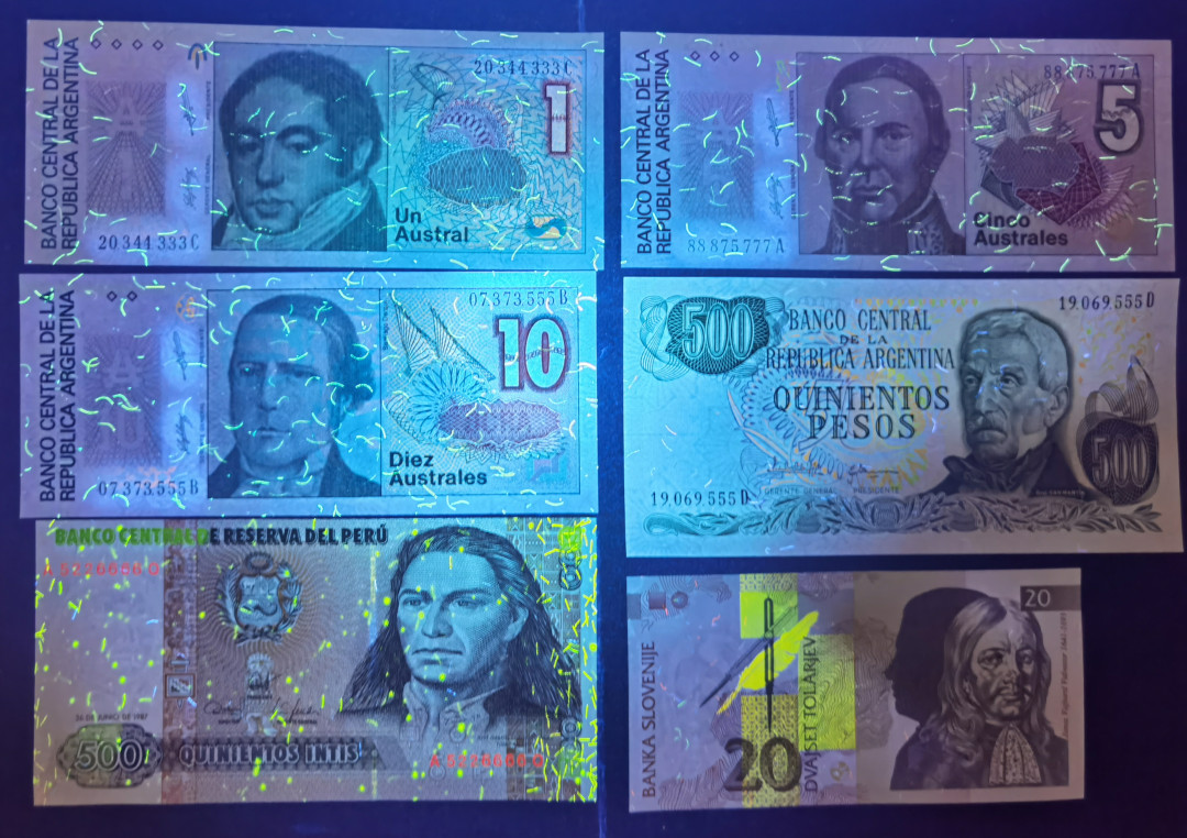 小福收藏拍卖第1期 豹子号狮子号全同号精选专场 多国外钞+港台纸币  豹子号+狮子号一组6张 秘鲁1987年500印蒂A5226666Q+阿根廷1奥斯特尾333+5奥斯特88875777豹子头尾+10奥斯特尾555+500奥斯特尾555+斯洛文尼亚1992年20特拉尾444