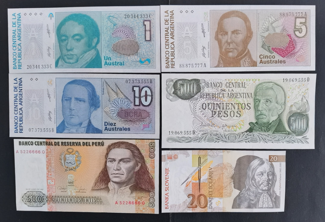 小福收藏拍卖第1期 豹子号狮子号全同号精选专场 多国外钞+港台纸币  豹子号+狮子号一组6张 秘鲁1987年500印蒂A5226666Q+阿根廷1奥斯特尾333+5奥斯特88875777豹子头尾+10奥斯特尾555+500奥斯特尾555+斯洛文尼亚1992年20特拉尾444