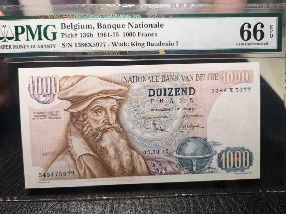《外钞收藏家》2021年第2拍（97期） 1975年比利时1000法郎 PMG66