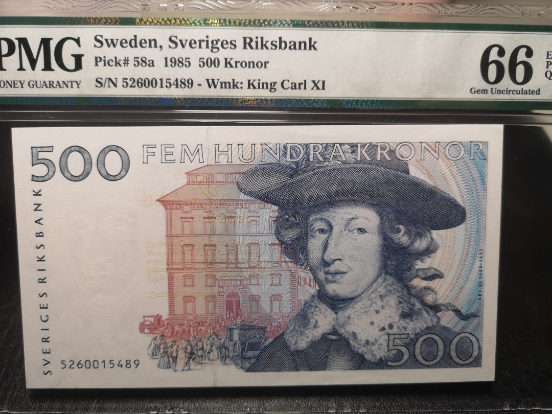 《外钞收藏家》2021年第2拍（97期） 1985年瑞典500克朗 蓝色卡尔  PMG66