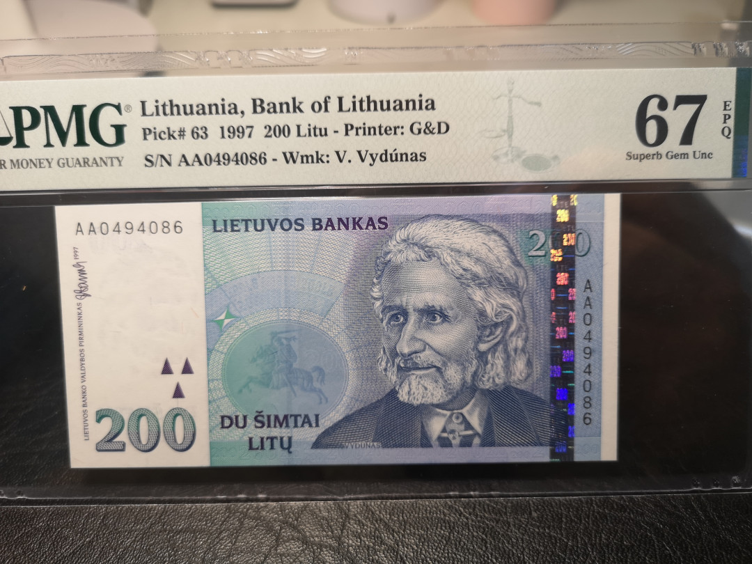 《外钞收藏家》2021年第2拍（97期） 立陶宛1997年200 AA冠 PMG67