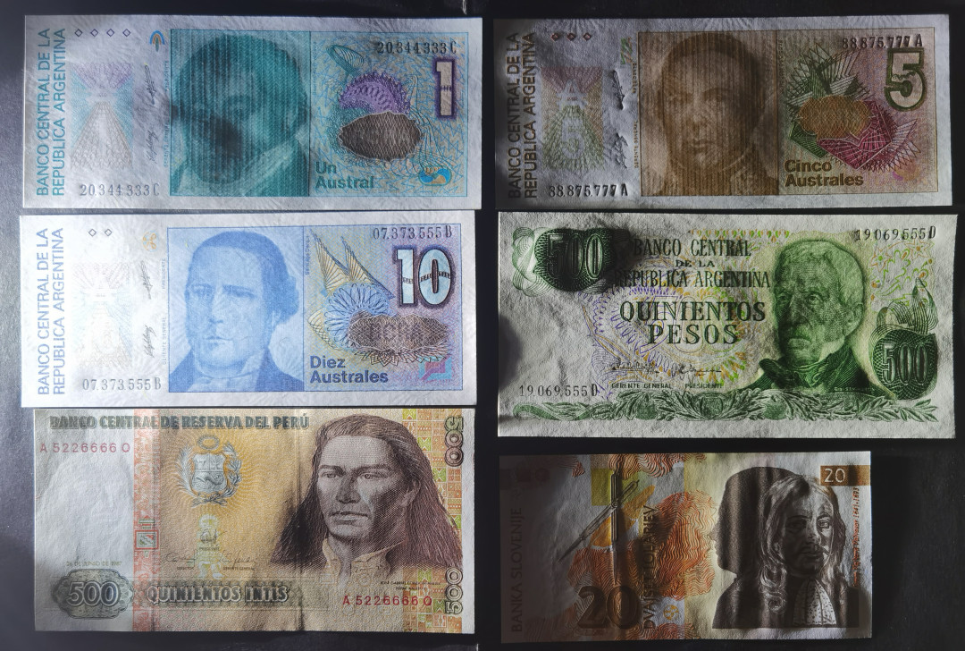 小福收藏拍卖第1期 豹子号狮子号全同号精选专场 多国外钞+港台纸币  豹子号+狮子号一组6张 秘鲁1987年500印蒂A5226666Q+阿根廷1奥斯特尾333+5奥斯特88875777豹子头尾+10奥斯特尾555+500奥斯特尾555+斯洛文尼亚1992年20特拉尾444