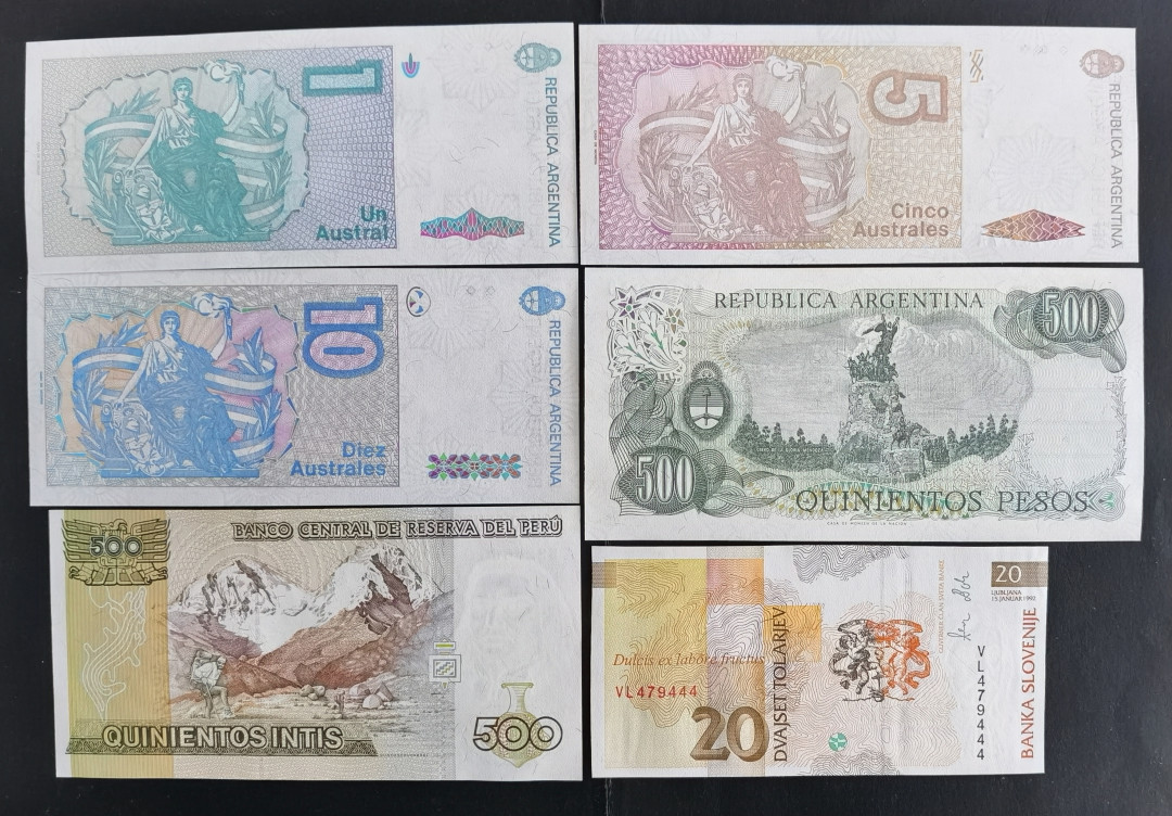 小福收藏拍卖第1期 豹子号狮子号全同号精选专场 多国外钞+港台纸币  豹子号+狮子号一组6张 秘鲁1987年500印蒂A5226666Q+阿根廷1奥斯特尾333+5奥斯特88875777豹子头尾+10奥斯特尾555+500奥斯特尾555+斯洛文尼亚1992年20特拉尾444