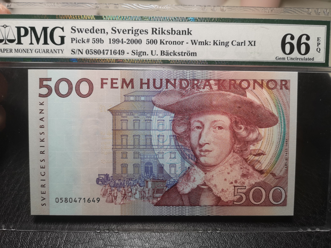 《外钞收藏家》2021年第2拍（97期） 1994-2000年瑞典500克朗 红色卡尔 PMG66