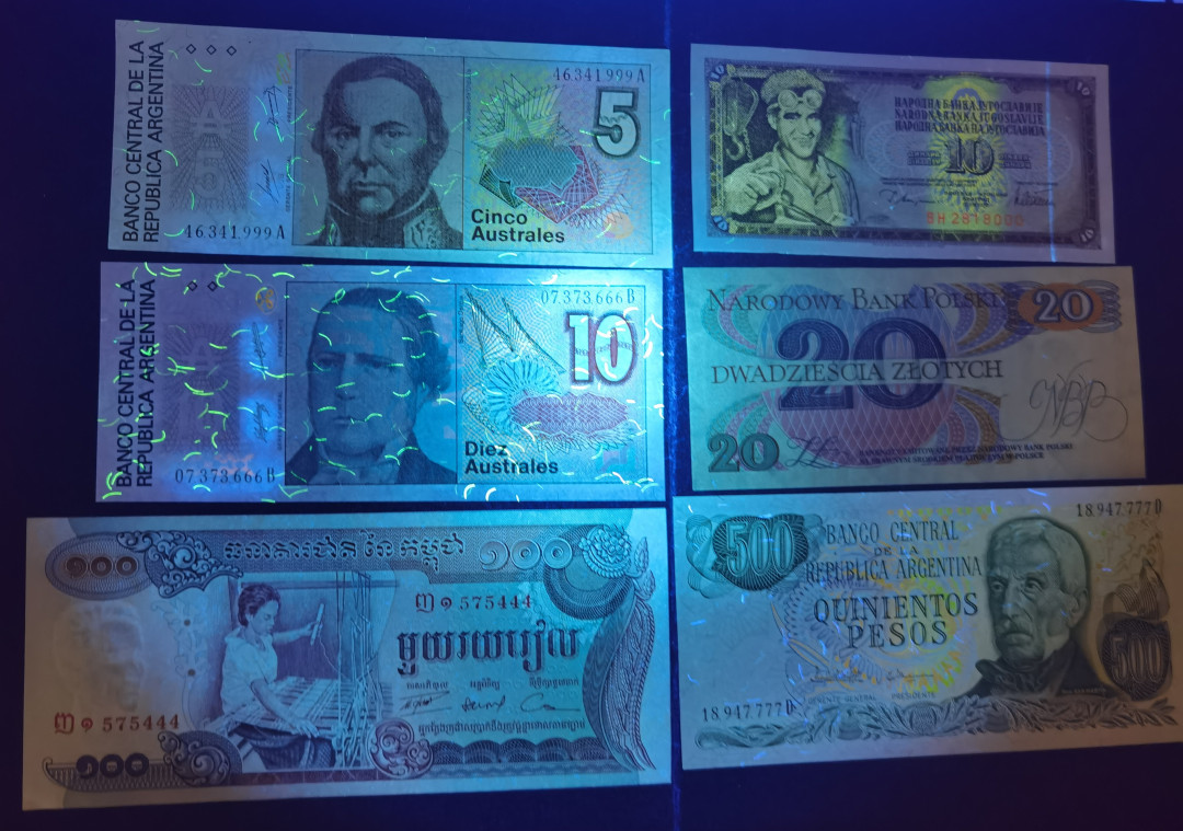 小福收藏拍卖第1期 豹子号狮子号全同号精选专场 多国外钞+港台纸币  豹子号+狮子号一组6张 阿根廷5奥斯特尾999+10奥斯特尾666+500奥斯特尾7777+柬埔寨1973年100瑞尔尾444+南斯拉夫10第纳尔尾000+波兰1982年20兹罗提尾333