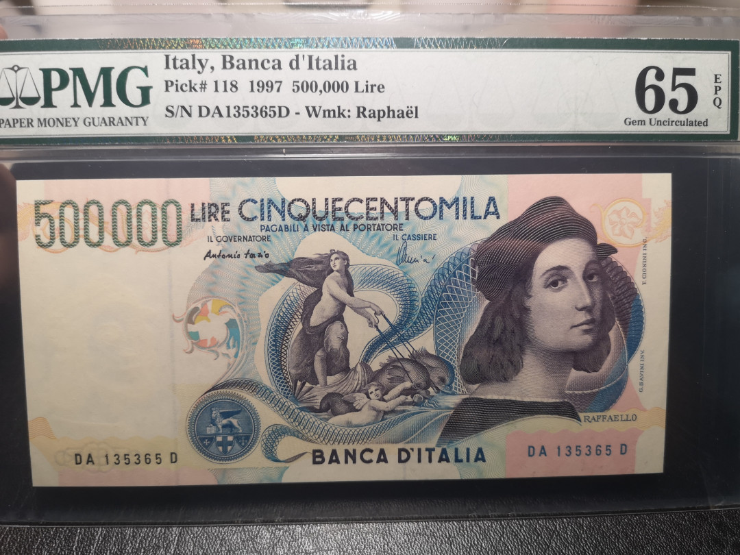 《外钞收藏家》2021年第2拍（97期） 意大利1997年末版 50万里拉 PMG65