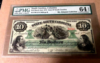 【Blue Auction】世界纸币精拍第54期——盲人竖琴师图洛夫·奥卡罗兰 （共62拍） - 美国 早期 南加利福尼亚 带签名 1872年10美金 PMG64EPQ UNC原票 大票幅 双面雕刻精美 