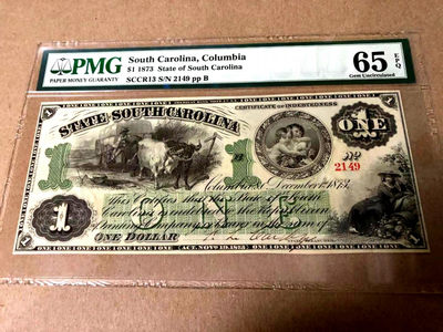 【Blue Auction】世界纸币精拍第54期——盲人竖琴师图洛夫·奥卡罗兰 （共62拍） - 美国 早期 南加利福尼亚 带签名 1873年1美金 PMG65EPQ 绝品大票幅 双面雕刻精美 