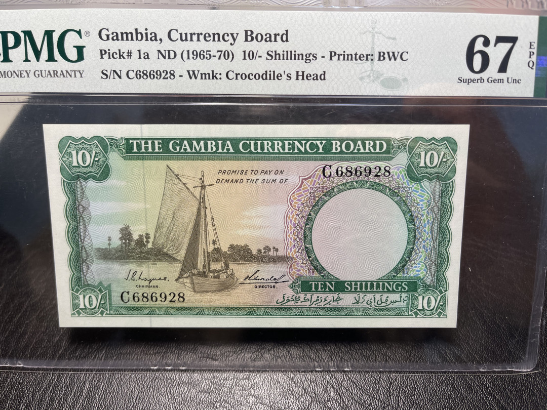 《外钞收藏家》2021年第2拍（97期） 冈比亚1965-70年10先令 PMG67 BWC印刷精品