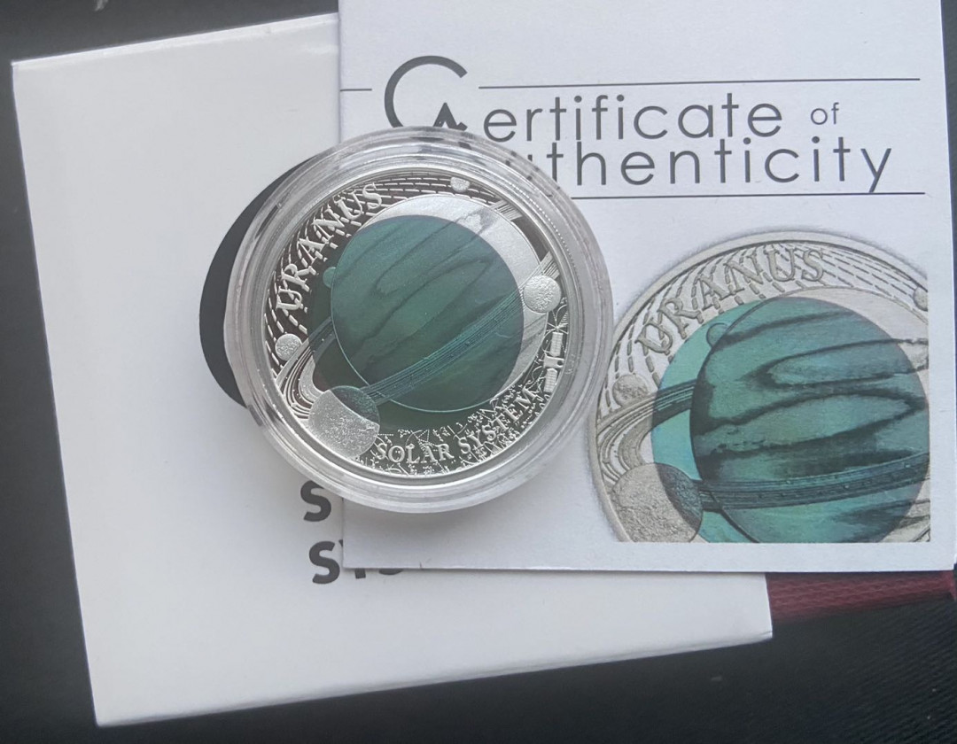 【币观天下】第137场钱币拍卖【直播拍卖】【今年最后一场】 【帕劳】帕劳2018年太阳系(2)天王星蓝色铌金属镶嵌彩色精制银币