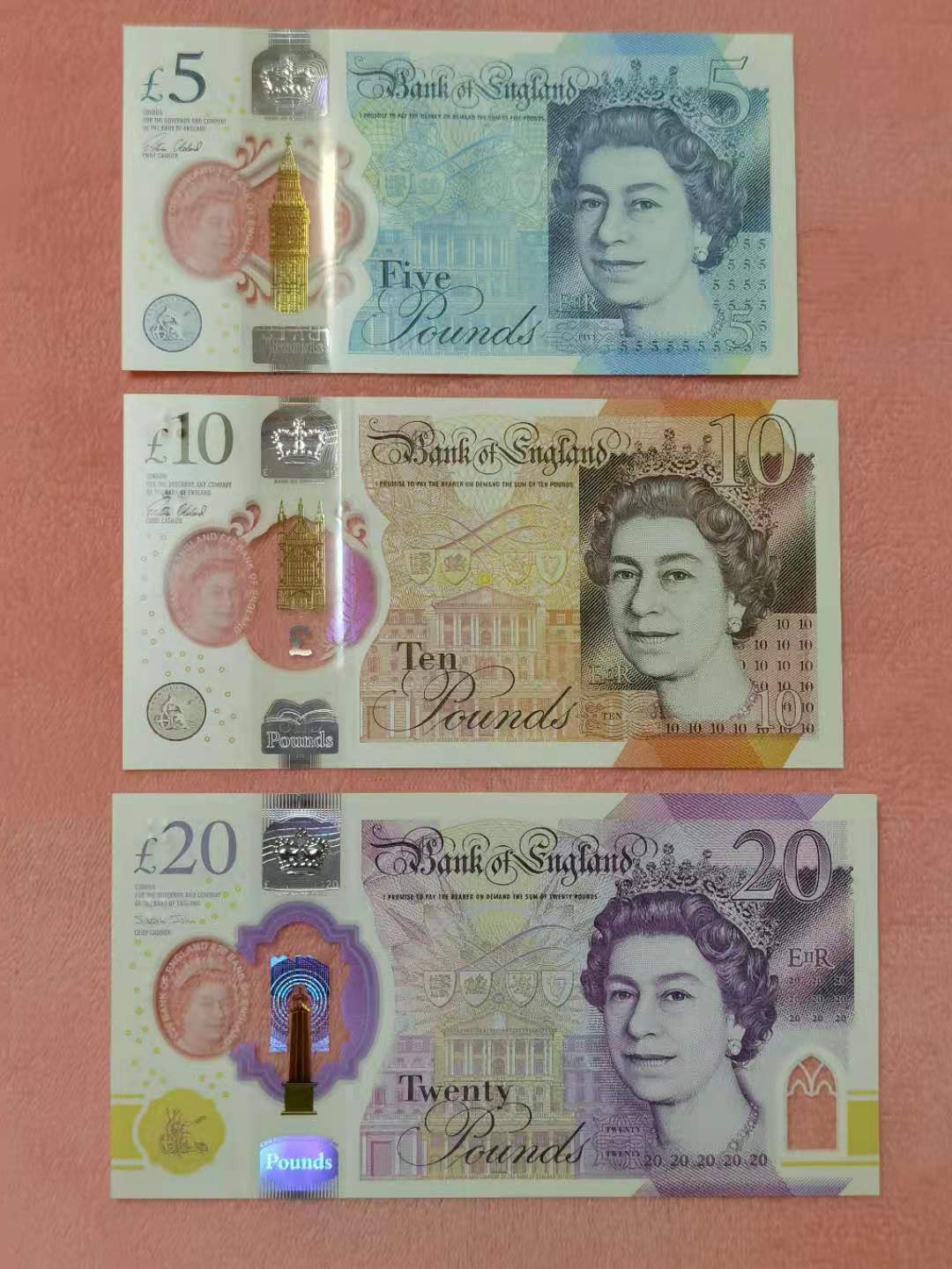 《张总收藏》第十一期——小而美 (3张一组)英国5镑10镑20镑全新UNC塑料钞全套
