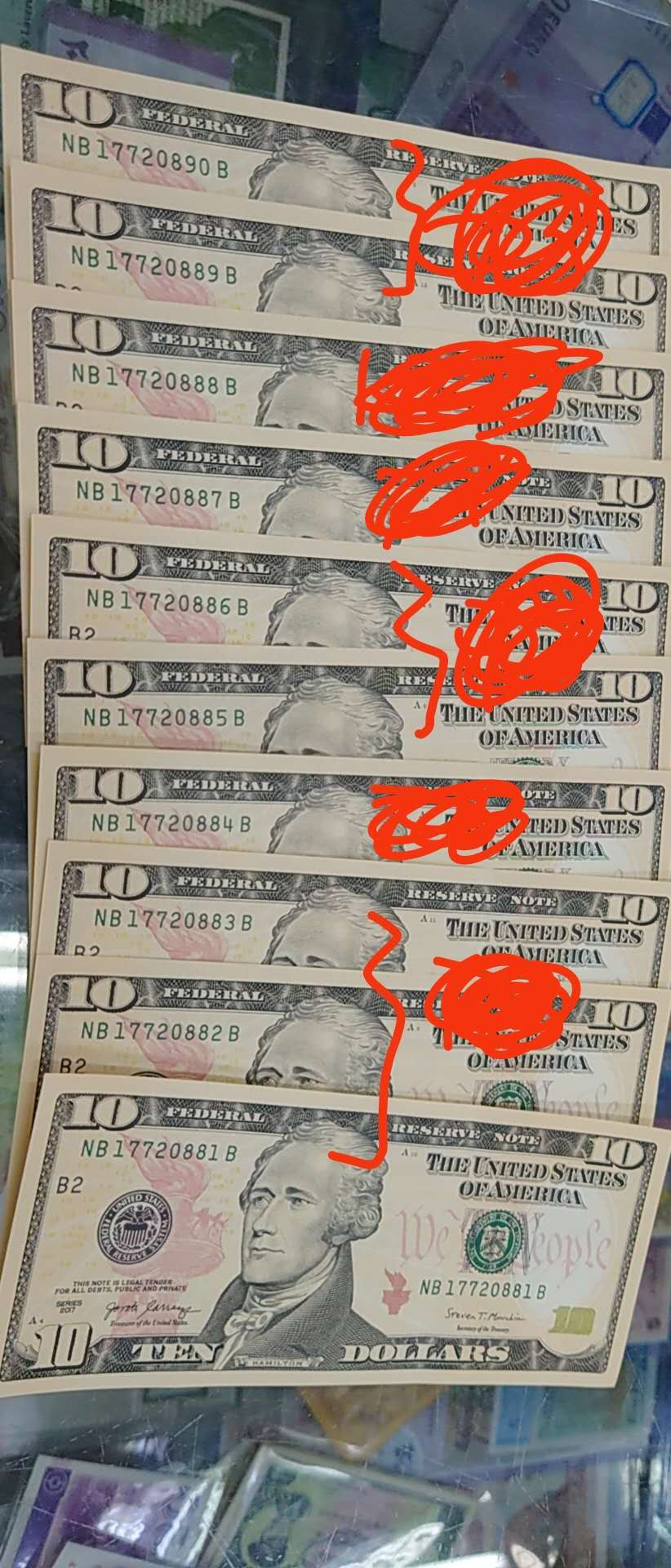 【囧羊收藏】精选微拍第12期（2021年第三期）世界纸币场 2017年美国10元 绝品全程无4标准10连号一组 含888