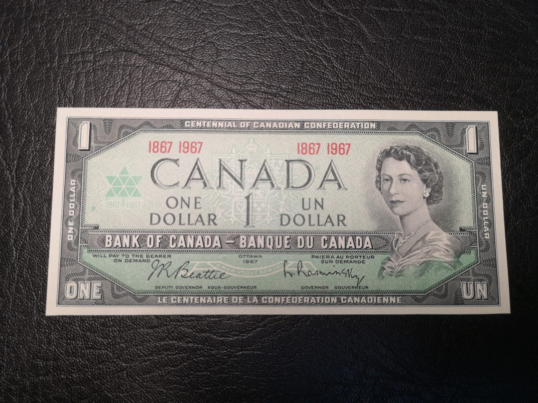 《外钞收藏家》2021年第3拍（98期） 加拿大1967年1加元 100周年纪念钞 全新unc 雕刻精美