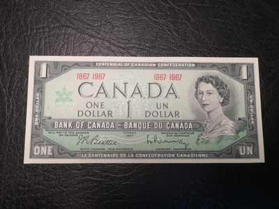 《外钞收藏家》2021年第3拍（98期） - 加拿大1967年1加元 100周年纪念钞 全新unc 雕刻精美