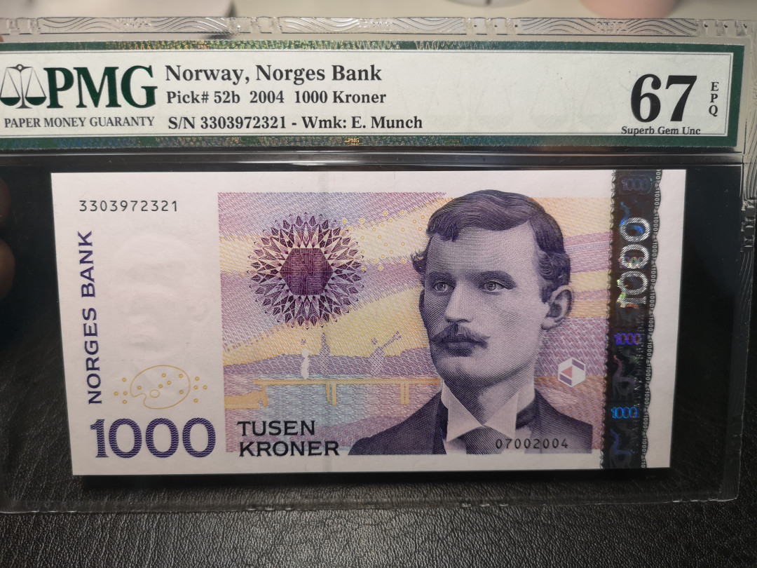 《外钞收藏家》2021年第3拍（98期） 挪威2004年1000克朗  蒙克 PMG67  品相绝 无瑕疵 